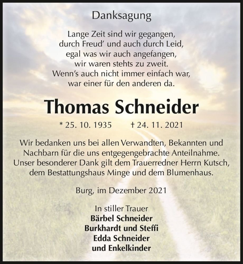  Traueranzeige für Thomas Schneider  vom 18.12.2021 aus Magdeburger Volksstimme