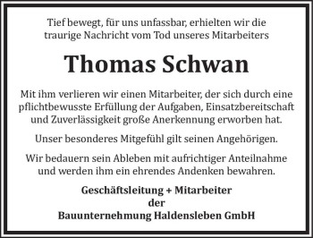 Traueranzeige von Thomas Schwan  von Magdeburger Volksstimme