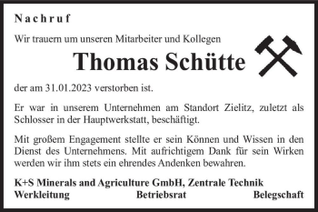 Traueranzeige von Thomas Schütte  von Magdeburger Volksstimme