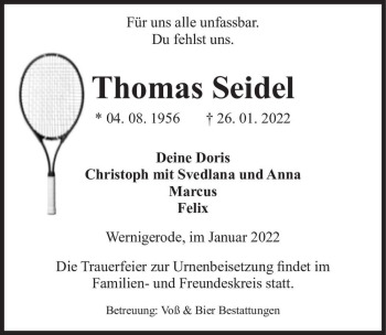 Traueranzeige von Thomas Seidel  von Magdeburger Volksstimme