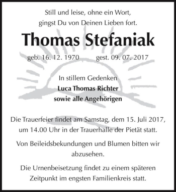 Traueranzeige von Thomas Stefaniak  von Magdeburger Volksstimme