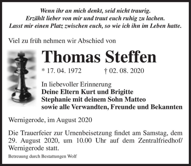  Traueranzeige für Thomas Steffen  vom 15.08.2020 aus Magdeburger Volksstimme