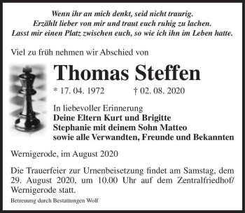 Traueranzeige von Thomas Steffen  von Magdeburger Volksstimme