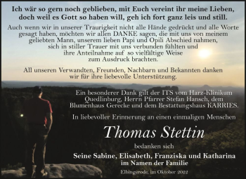 Traueranzeige von Thomas Stettin  von Magdeburger Volksstimme