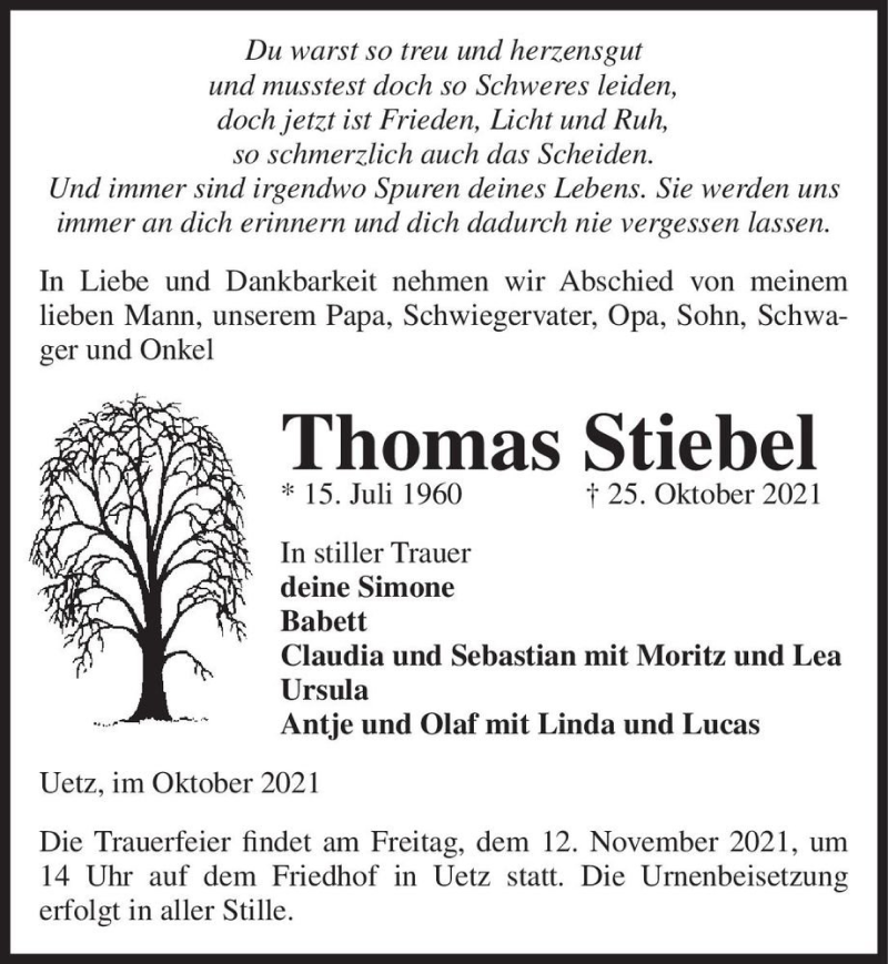  Traueranzeige für Thomas Stiebel  vom 30.10.2021 aus Magdeburger Volksstimme