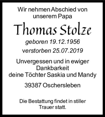 Traueranzeige von Thomas Stolze  von Magdeburger Volksstimme