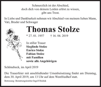 Traueranzeige von Thomas Stolze  von Magdeburger Volksstimme
