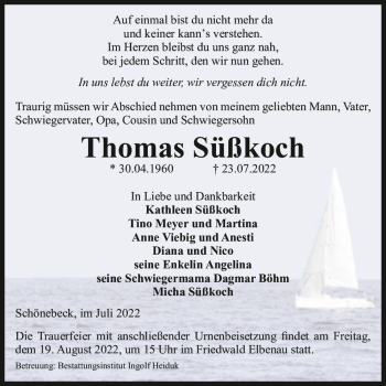 Traueranzeige von Thomas Süßkoch  von Magdeburger Volksstimme