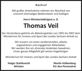 Traueranzeige von Thomas Veil  von Magdeburger Volksstimme