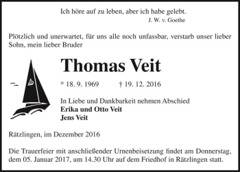 Traueranzeige von Thomas Veit  von Magdeburger Volksstimme