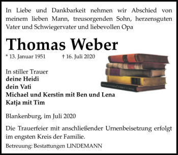 Traueranzeige von Thomas Weber  von Magdeburger Volksstimme