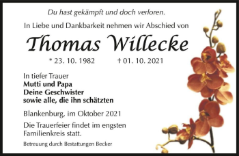 Traueranzeige von Thomas Willecke  von Magdeburger Volksstimme