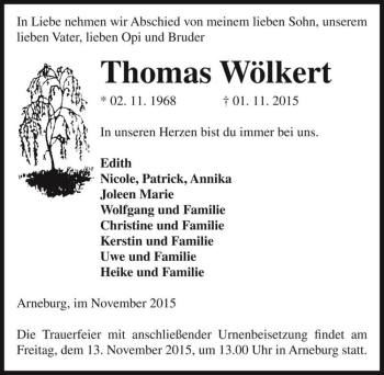 Traueranzeige von Thomas Wölkert  von Magdeburger Volksstimme
