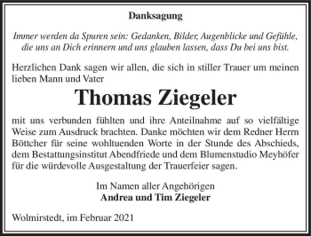 Traueranzeige von Thomas Ziegeler  von Magdeburger Volksstimme