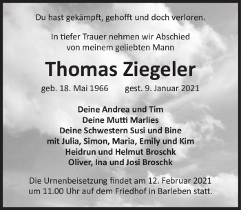 Traueranzeige von Thomas Ziegeler  von Magdeburger Volksstimme