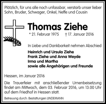 Traueranzeige von Thomas Ziehe  von Magdeburger Volksstimme