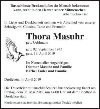 Traueranzeige von Thora Masuhr (geb. Oehlmann)  von Magdeburger Volksstimme