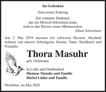 Traueranzeige von Thora Masuhr (geb. Oehlmann)  von Magdeburger Volksstimme