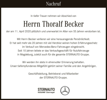 Traueranzeige von Thoralf Becker  von Magdeburger Volksstimme