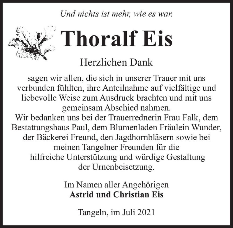  Traueranzeige für Thoralf Eis  vom 31.07.2021 aus Magdeburger Volksstimme