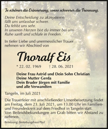 Traueranzeige von Thoralf Eis  von Magdeburger Volksstimme