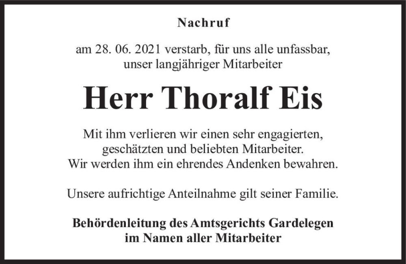  Traueranzeige für Thoralf Eis  vom 09.07.2021 aus Magdeburger Volksstimme