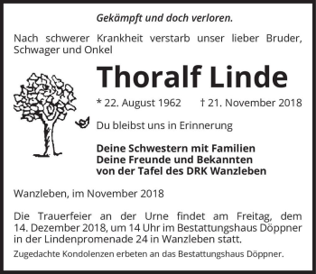 Traueranzeige von Thoralf Linde  von Magdeburger Volksstimme