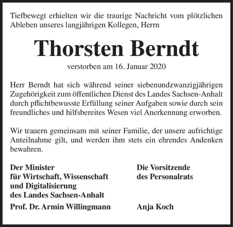  Traueranzeige für Thorsten Berndt  vom 25.01.2020 aus Magdeburger Volksstimme