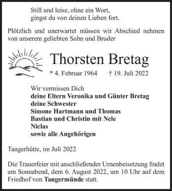 Traueranzeige von Thorsten Bretag  von Magdeburger Volksstimme
