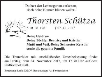 Traueranzeige von Thorsten Schütza  von Magdeburger Volksstimme