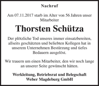 Traueranzeige von Thorsten Schütza  von Magdeburger Volksstimme