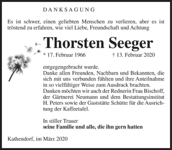 Traueranzeige von Thorsten Seeger  von Magdeburger Volksstimme