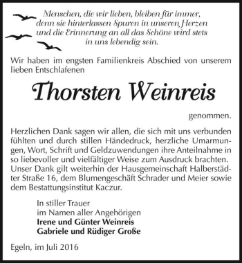 Traueranzeige von Thorsten Weinreis  von Magdeburger Volksstimme