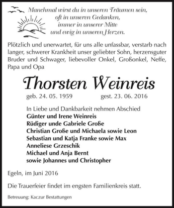 Traueranzeige von Thorsten Weinreis  von Magdeburger Volksstimme