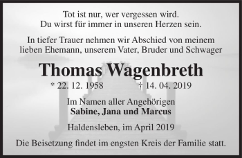 Traueranzeige von Thpmas Wagenbreth  von Magdeburger Volksstimme