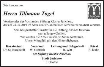 Traueranzeige von Tillmann Tögel  von Magdeburger Volksstimme