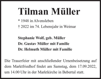 Traueranzeige von Tilman Müller  von Magdeburger Volksstimme