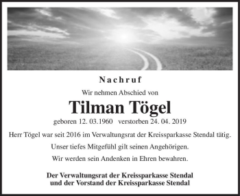Traueranzeige von Tilman Tögel  von Magdeburger Volksstimme