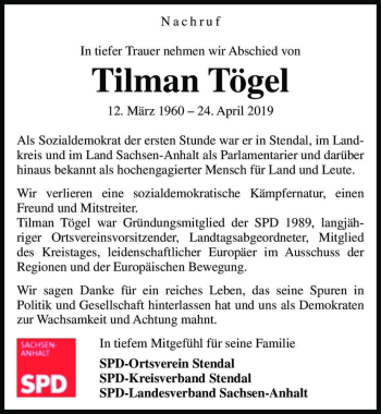 Traueranzeige von Tilman Tögel  von Magdeburger Volksstimme