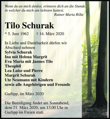 Traueranzeige von Tilo Schurak  von Magdeburger Volksstimme