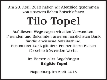 Traueranzeige von Tilo Topel  von Magdeburger Volksstimme