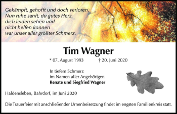 Traueranzeige von Tim Wagner  von Magdeburger Volksstimme
