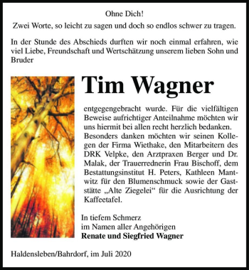 Traueranzeige von Tim Wagner  von Magdeburger Volksstimme