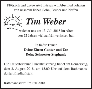 Traueranzeige von Tim Weber  von Magdeburger Volksstimme