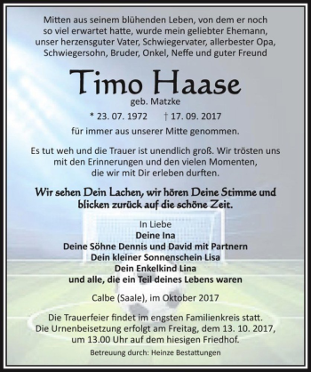 Traueranzeige von Timo Haase (geb. Matzke)  von Magdeburger Volksstimme