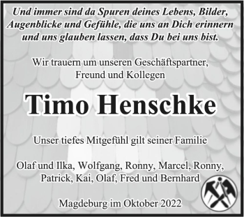 Traueranzeige von Timo Henschke  von Magdeburger Volksstimme