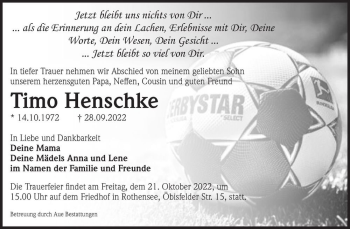 Traueranzeige von Timo Henschke Bystar  von Magdeburger Volksstimme