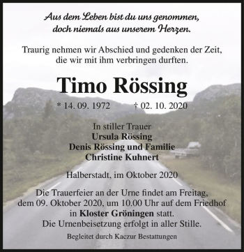 Traueranzeige von Timo Rössing  von Magdeburger Volksstimme