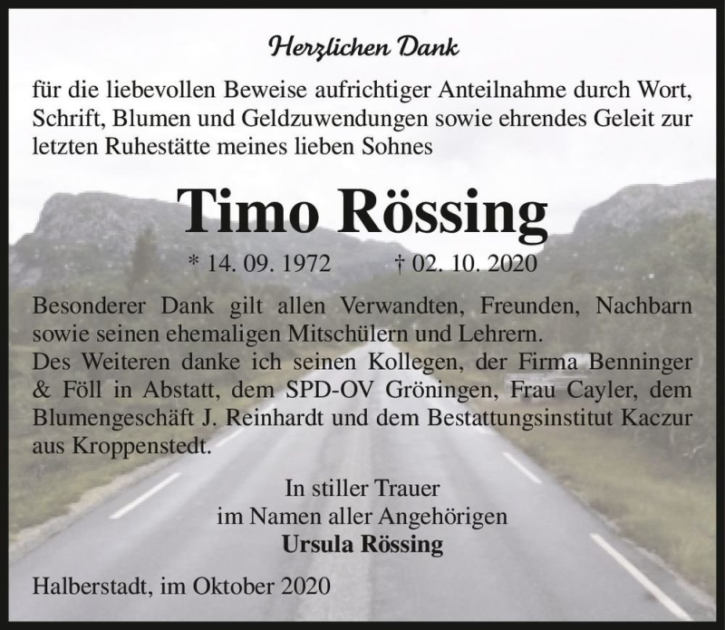  Traueranzeige für Timo Rössing  vom 27.10.2020 aus Magdeburger Volksstimme