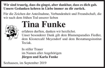 Traueranzeige von Tina Funke  von Magdeburger Volksstimme
